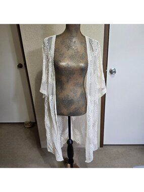 L XL Boho Sheer Lace Kimono Cardigan Cream Bohemian Embroidered Open Front